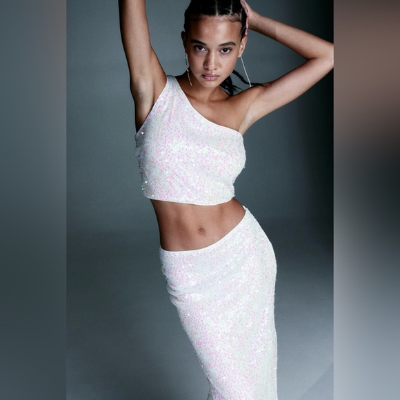 H&M Sequined One Shoulder Net Top & Sequined Net Skirt - Size L - Picture 4 of 14